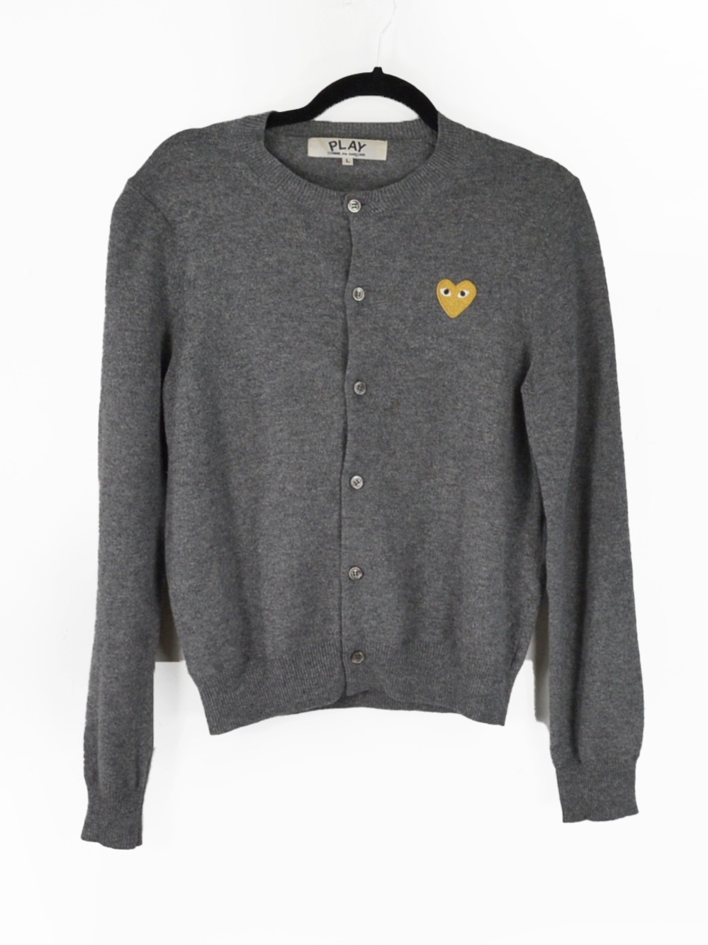 Comme Des Garçons CDG PLAY Grey Wool Gold Heart Logo Cardigan Sweater